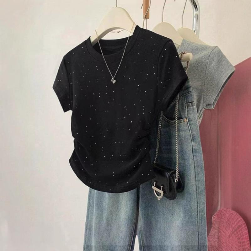 Tシャツ レディース 半袖 コットン ブラック ショート丈 トップス へそ出し スリムフィット キラキラ 接触冷感 吸湿性