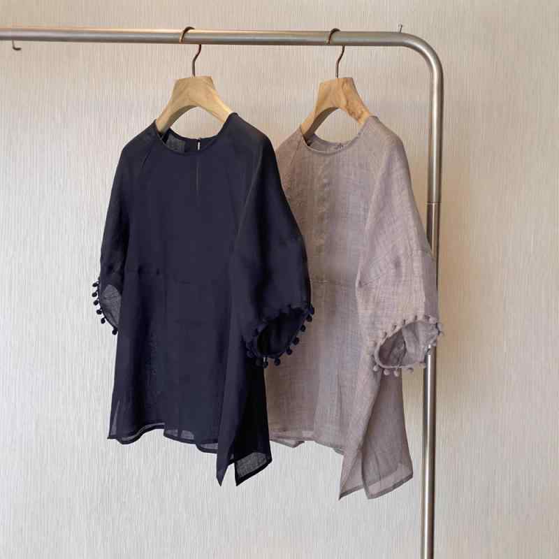 シャツ レディース デザイナーズ 纯苎麻 苎麻 ラウンドネック 葡萄袖 立ち襟 トップス ブラウス 小众 かわいい お洒落