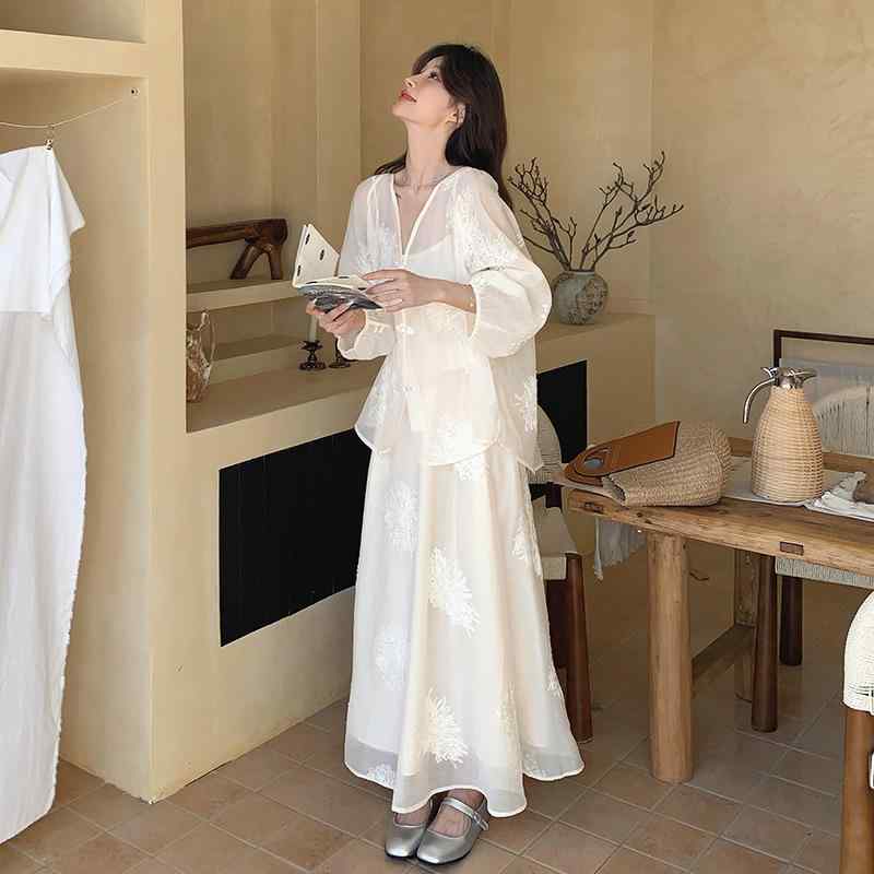 シャツ レディース 春夏 レース 刺繍 トップス スカート ショール 3点セット 豪華感 エレガント