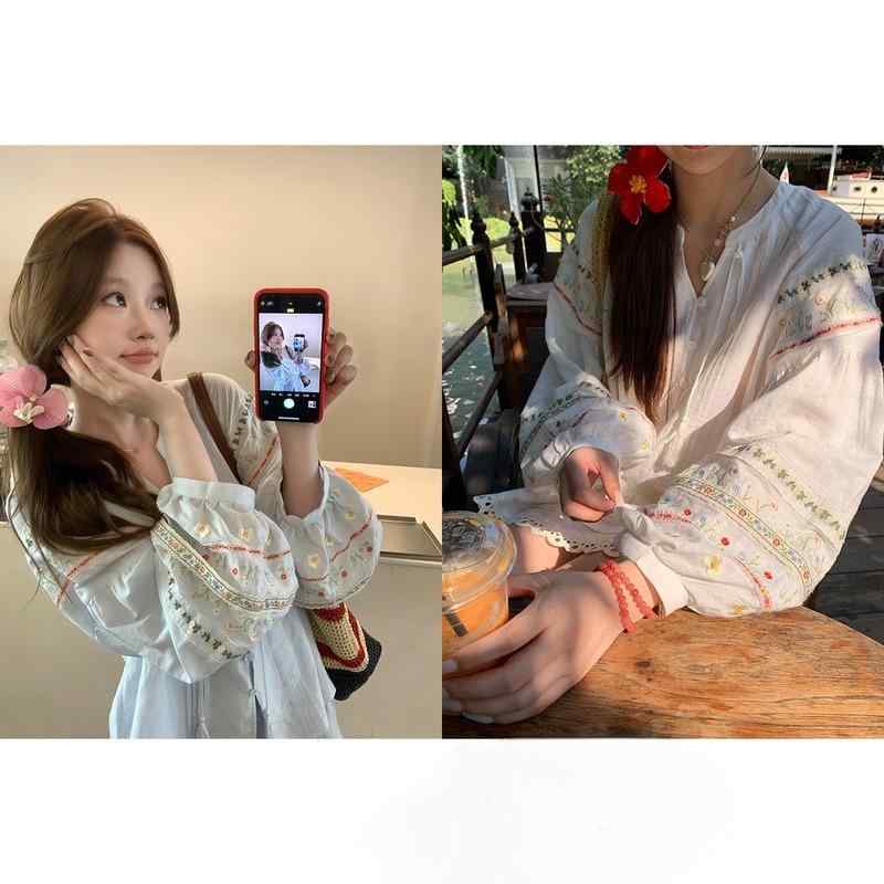 シャツ レディース 亜麻 綿 花柄 刺繍 ドール襟 ブラウス Aライン スカート セットアップ 春夏 かわいい ガーリー フェミニン