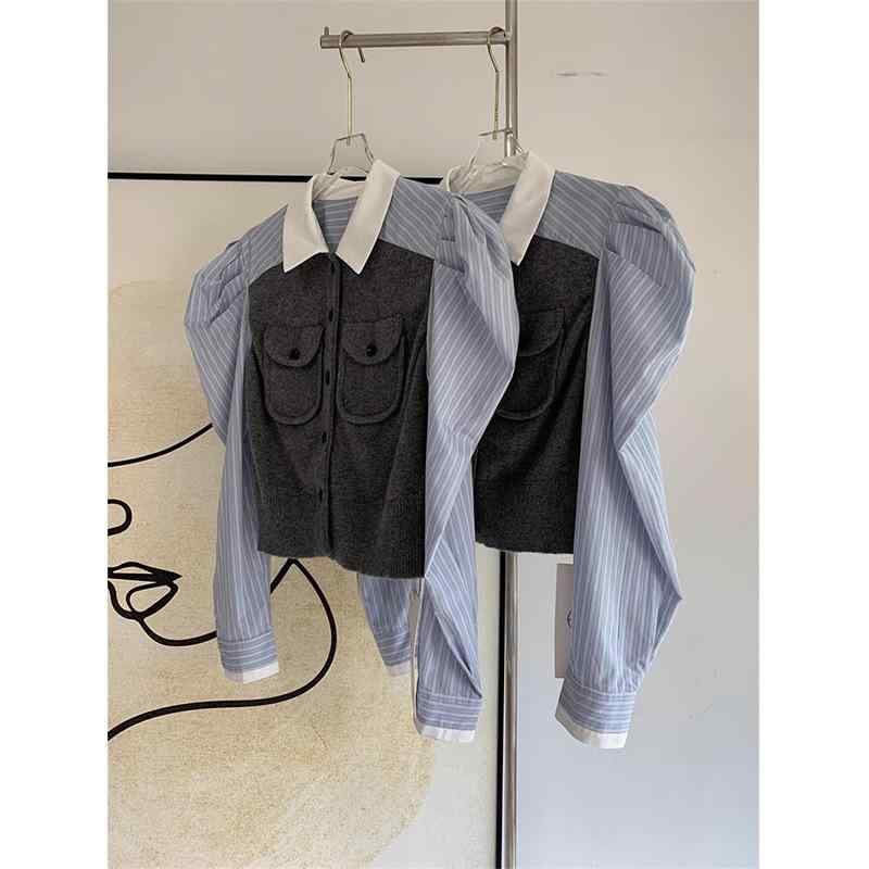 シャツ レディース トップス 切り替え 羊毛 長袖 パフスリーブ ストライプ かわいい 秋冬