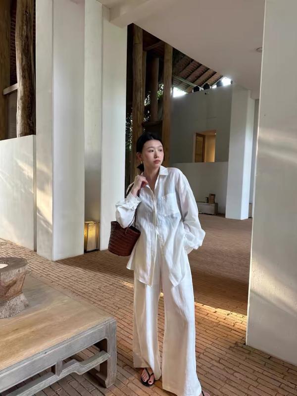 シャツ レディース 亜麻 リネン 後ろ姿が綺麗に見える ゆったり トップス 綿麻 ドローストリング パンツ セットアップ ウエストシャーリング ギャザー 涼しい 春夏