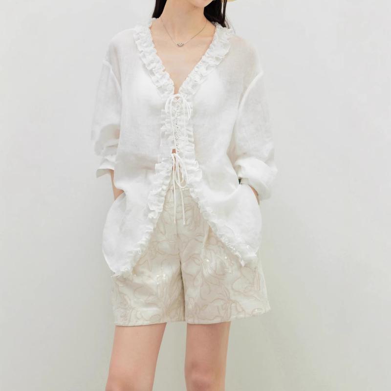 樂天商城 - シャツ レディース 小众 性 木耳 フリル Vネック ブラウス リボン 接触冷感 シースルー 薄手 トップス 日焼け防止 紫外線対策 普段使い 通勤 オフィス