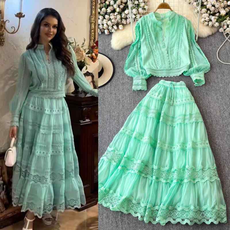 シャツ レディース 長袖 レース 切り替え ランタンスリーブ Aライン スカート セットアップ フォーマル パーティー ドレス 春秋2