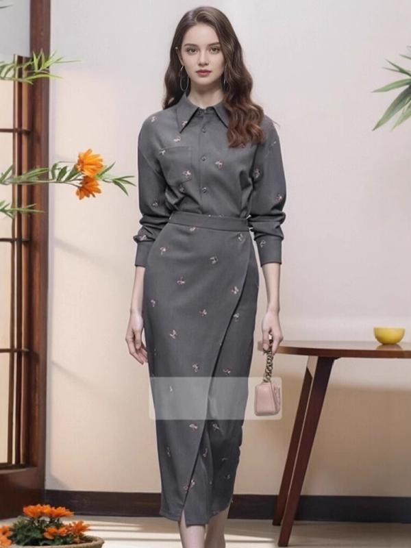 シャツ レディース トップス 春夏 襟付き 高見え 刺繍 オフィスカジュアル ブラウス アシンメトリー スカート セットアップ 上下セット ハイウエスト