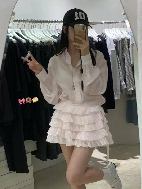 Three-Piece Set - シャツ レディース 韓国 襟付き トップス ＋ スカート セットアップ 春夏 通勤 普段使い かわいい 上品 フェミニン2