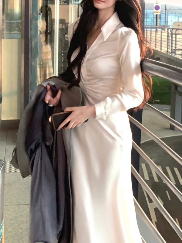 ワンピース レディース 秋 Vネック シャツワンピース ギャザー ウエストマーク 着痩せ効果 体型カバー マーメイドスカート 上品 きれいめ かわいい