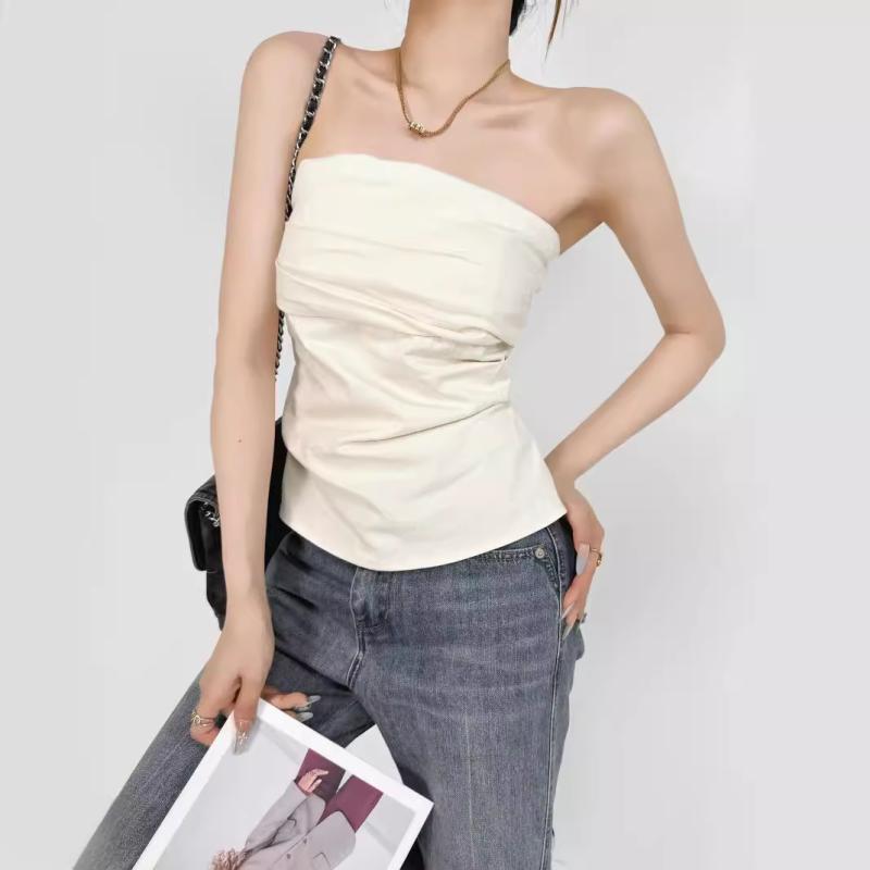 タンクトップ レディース 春夏 一字肩 接触冷感 ギャザー チューブトップ スリム 伸縮性 リゾート 部屋着 普段使い