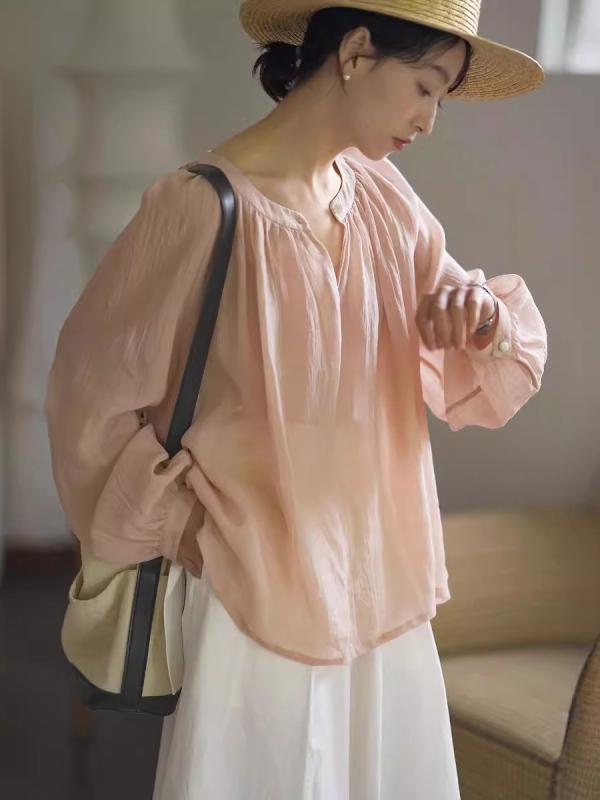 シャツ レディース 長袖 柔霧ピンク 亜麻 リネン ブラウス 皱麻 肌理 ルーズ ゆったり UVカット 紫外線対策 トップス 百搭