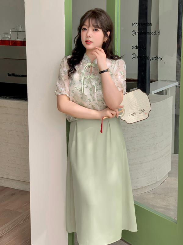 シャツ レディース 半袖 チャイナドレス風 セットアップ 大きいサイズ ゆったりサイズ 春夏 トップス ショール付き