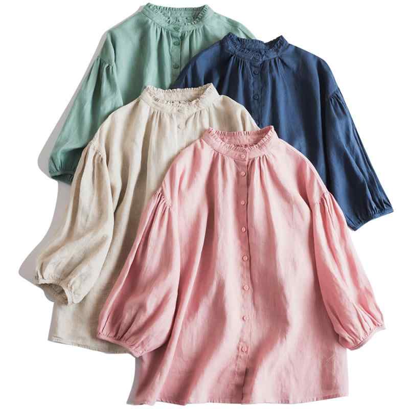 シャツ レディース 亜麻 リネン 木耳 フリル 立ち襟 ブラウス ゆったり 文芸 褶 곡선 ふんわり かわいい トップス