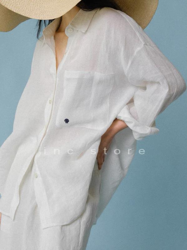シャツ レディース 長袖 薄手 通気性 リネンブレンド 白色 ブラウス ゆったり 羽織り 紫外線対策 冷房対策 オフィス カジュアル