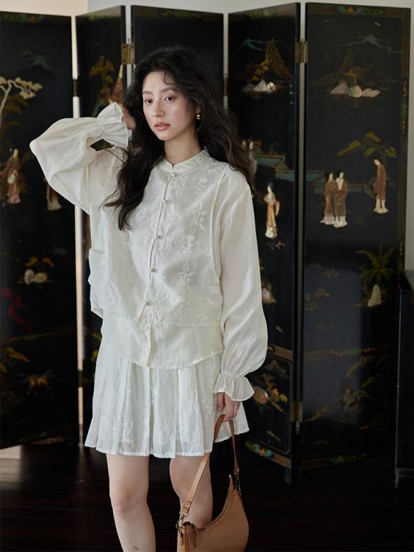 シャツ レディース 春夏 新中式 長袖 トップス デザイン かわいい ブラウス スカート セットアップ 女性用 おしゃれ 上下 電気メッキ加工