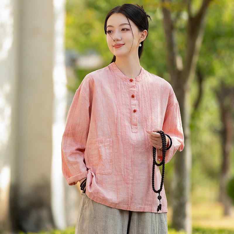 シャツ レディース 秋冬 綿麻 チャイナ風 レトロ スタンドカラー 絞り染め トップス 切り替え 長袖 Tシャツ ブラウス