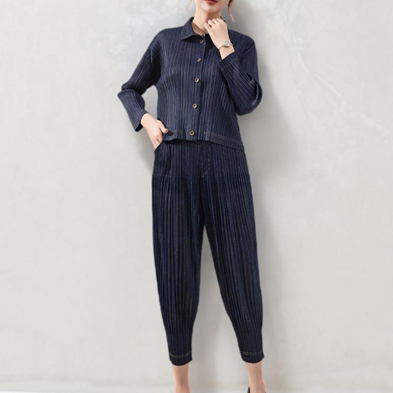 デニム レディース ファッション カジュアル シャツ トップス プリーツ パンツ ハーレムパンツ 2点 セットアップ 上下セット 普段使い