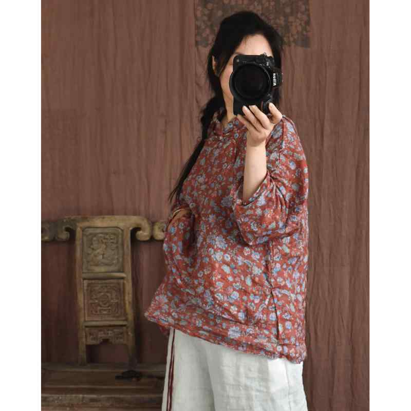 シャツ レディース 手縫い 盤扣 ボタン 苧麻 リネン 小花柄 トップス ブラウス 斜め襟 レトロ 麻 春夏2