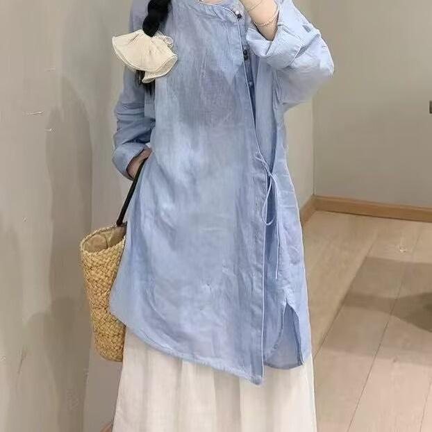 シャツ レディース 麻 リネン 斜め襟 アシンメトリー 7分袖 トップス ブラウス ゆったり সাহিত্য 复古風