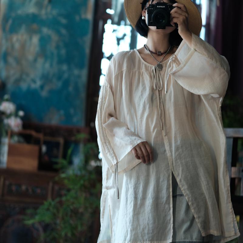 シャツ レディース ゆったり ラウンドネック トップス レトロ ヴィンテージ風 Tシャツ ブラウス 禅意 リラックス かわいい