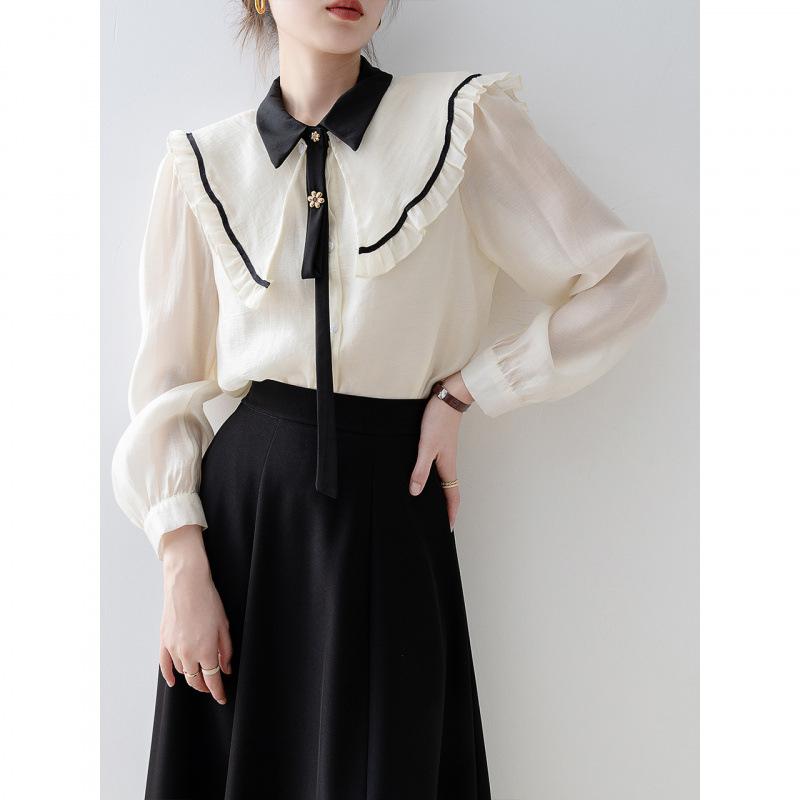 シャツ レディース 長袖 春物 ブラウス デザイン袖 パフスリーブ 杏色 ドール襟 トップス 春服 フリルネック