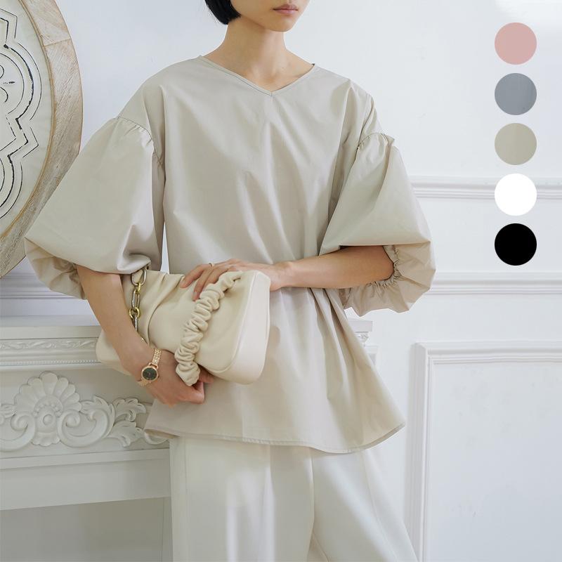 シャツ レディース Vネック ゆったり トップス ブラウス パフスリーブ 接触冷感 再生繊維 アマゾン 春夏