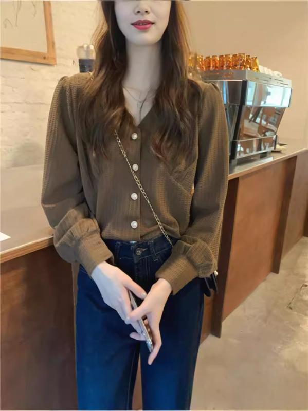 シャツ レディース Vネック 長袖 トップス 韓国風 レトロ デザイン おしゃれ かわいい 上着 カットソー フェミニン きれいめ デイリー 普段使い