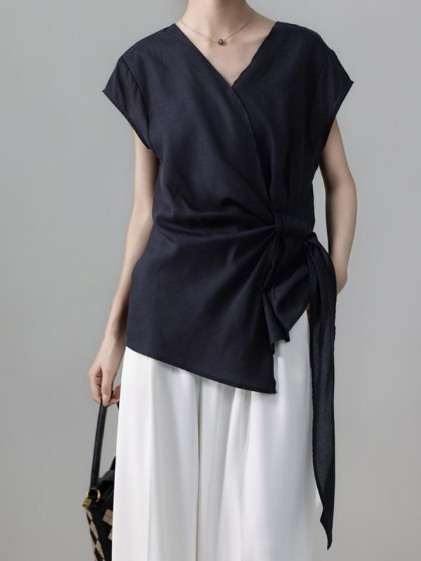 シャツ レディース トップス 再生繊維 麻 ノースリーブ Tシャツ ブラウス リボン付き エレガント 上品 オフィス 通勤 秋冬