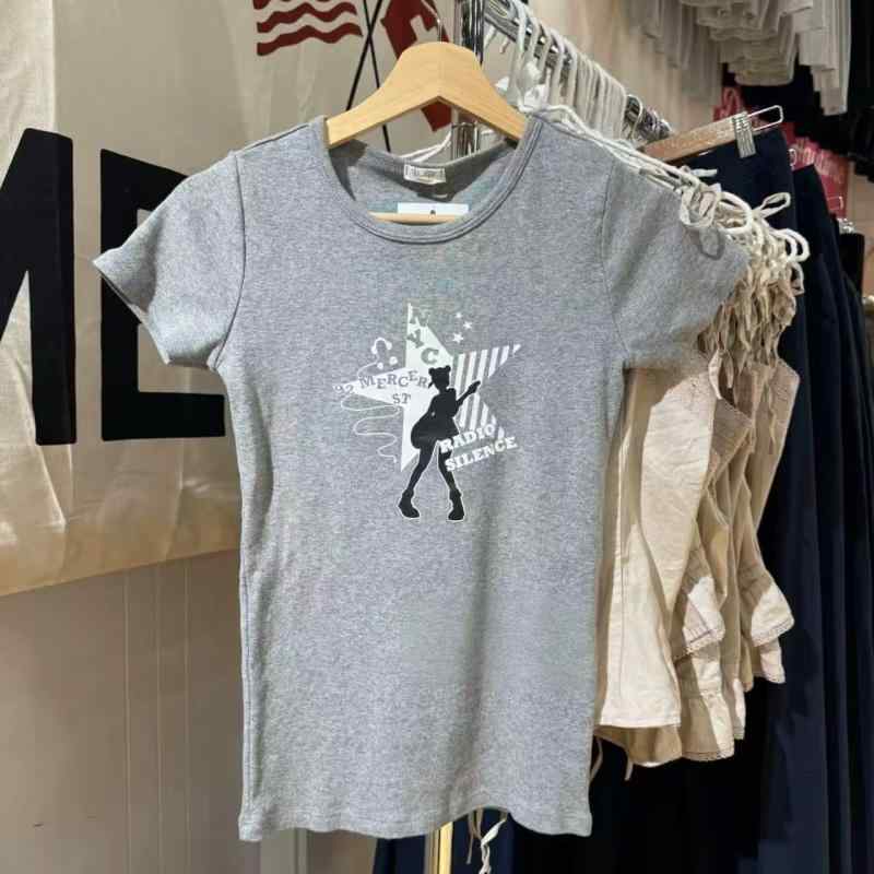 樂天商城 - Tシャツ レディース スリムフィット ラウンドネック ギター ガール プリント トップス カットソー 半袖 春夏 カジュアル かわいい グレー