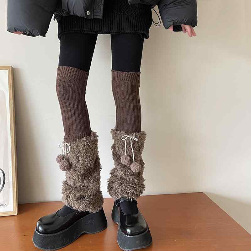 靴下 レディース 秋冬 レッグウォーマー ニット 羊毛風 ボア 切り替え ニーハイ あったか 保温2