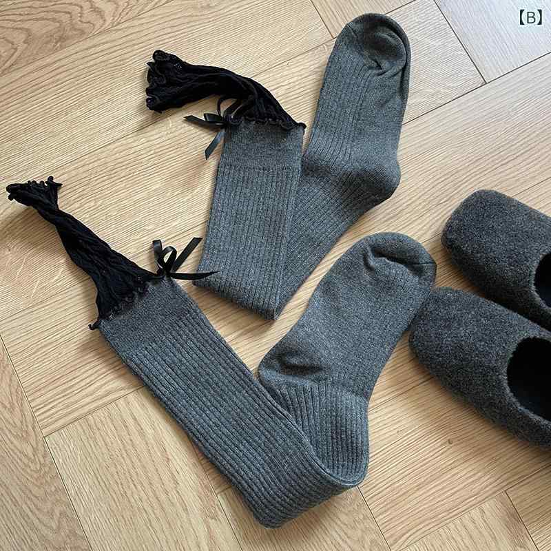 靴下 レディース 秋冬 レース 切り替え ウール混 厚手 あったか 保温 ミドル丈 ニーハイソックス 女の子2 sofapotato-10615466 ソファポテト サンプル画像3