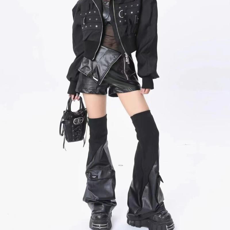 靴下 レディース 黒 ソックス PUレザー レッグウォーマー JK 制服風 フレア 立体ポケット付き ブラック ゴシック ゴスロリ パンク 春秋