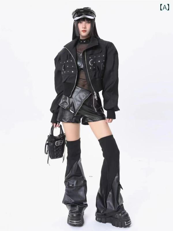 靴下 レディース 黒 ソックス PUレザー レッグウォーマー JK 制服風 フレア 立体ポケット付き ブラック ゴシック ゴスロリ パンク 春秋 sofapotato-10623322 ソファポテト サンプル画像2