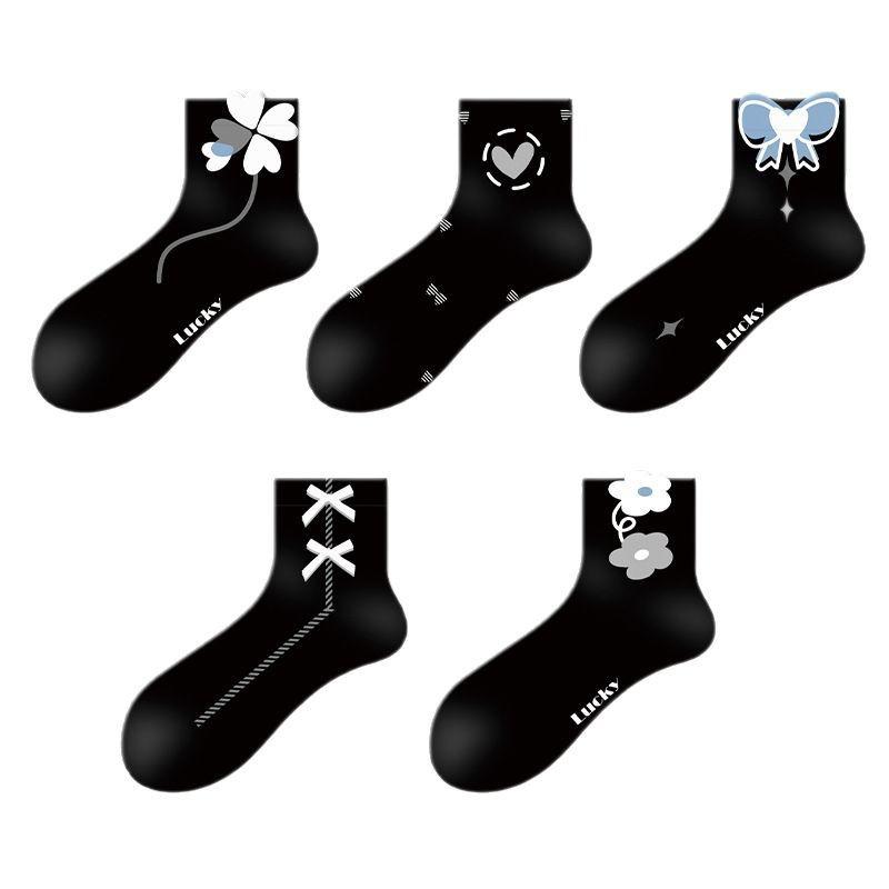 靴下 レディース かわいい 花柄 ハート柄 カジュアル コットン 短い ブラック 春秋