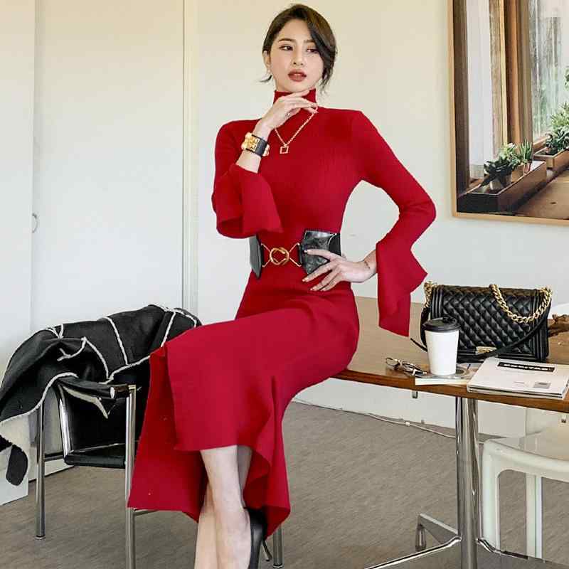 ワンピース レディース 秋冬 ニットワンピース ハイネック ロング丈 長袖 スリム タイト 美シルエット 着痩せ効果 体型カバー エレガント 上品 魚尾スカート マーメイドライン