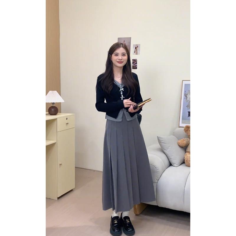 ニット レディース 春秋 アンサンブル 長袖 トップス プリーツスカート セットアップ 接触冷感 着心地が良い 普段使い かわいい