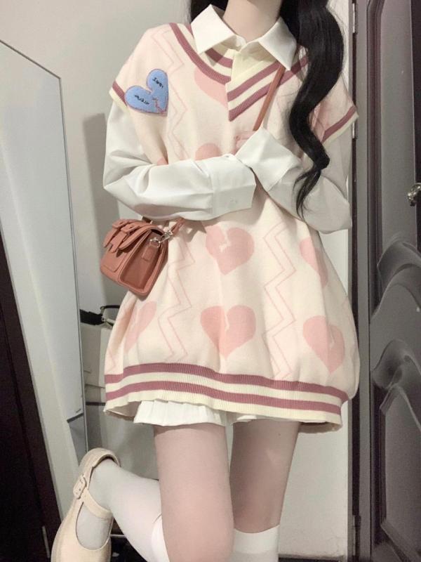 Rakuten - ニット レディース かわいい 愛心 配色 ベスト ブラウス プリーツスカート 3点セット