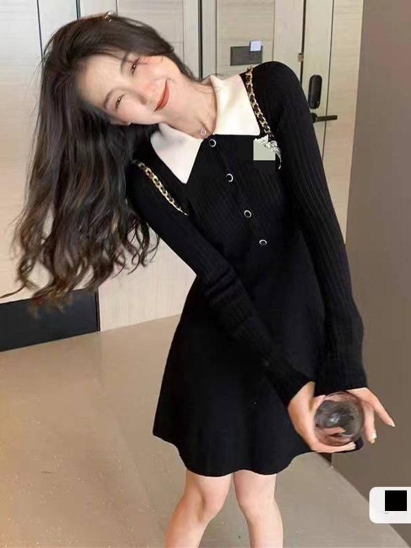 乐天商城 - ニットワンピース レディース 秋冬 長袖 ブラック 黒 インナー 学院風 Aライン 膝丈 ひざ丈 かわいい2