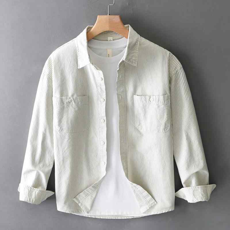 シャツ メンズ 男性用 長袖 ストライプ柄 トップス 日本 스타일 ゆったりめ トレンド感 ベーシックアイテム 若者向け 清潔感