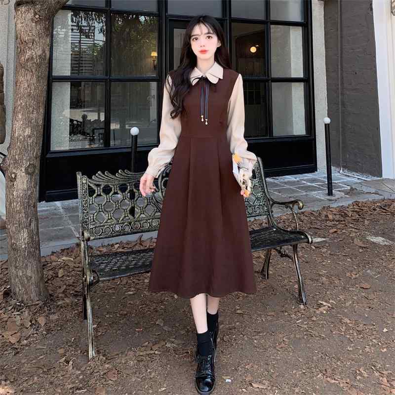 ワンピース レディース 秋冬 長袖 痩せて見える 森ガール 文芸 ロングワンピース