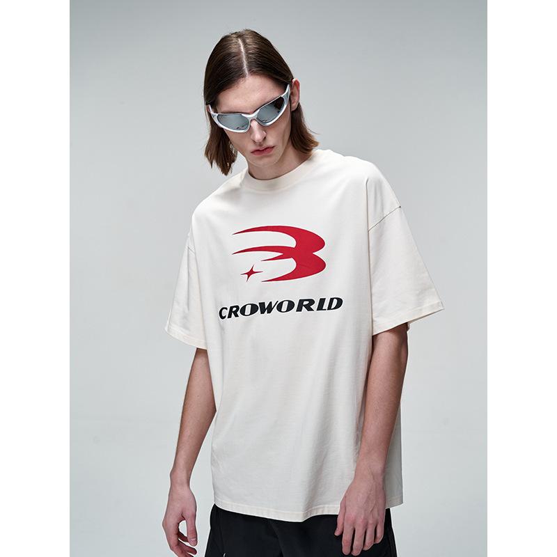 乐天商城 - Tシャツ 男性用 ゆったり 全綿 ラウンドネック 半袖 绒面 燙画 印花 ペア トップス