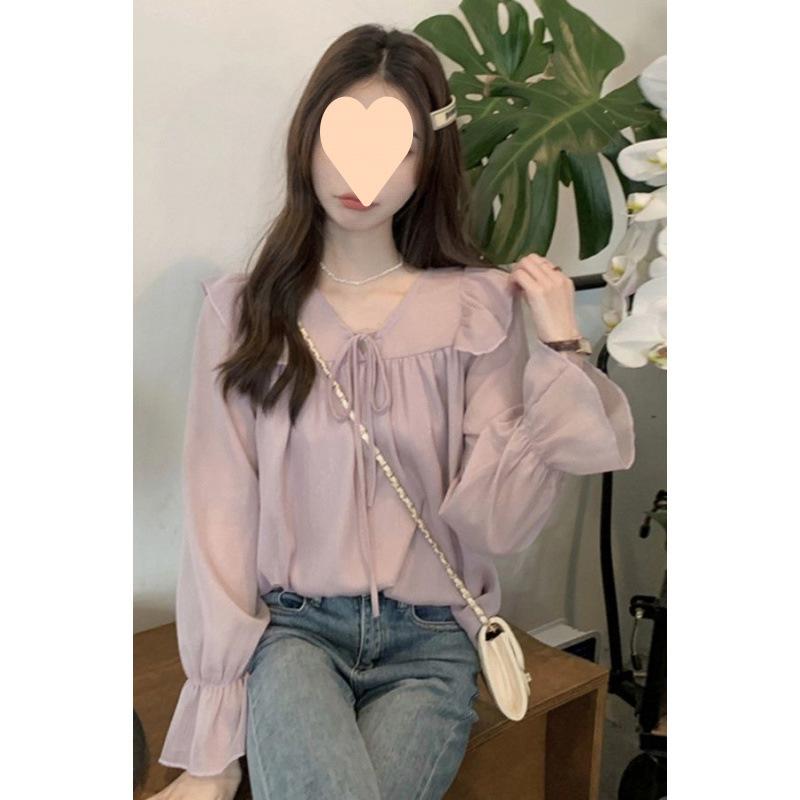 シャツ レディース 春秋 長袖 襟付き ブラウス シフォン トップス ギャザー フリル 普段使い かわいい 韓国系 フェミニン