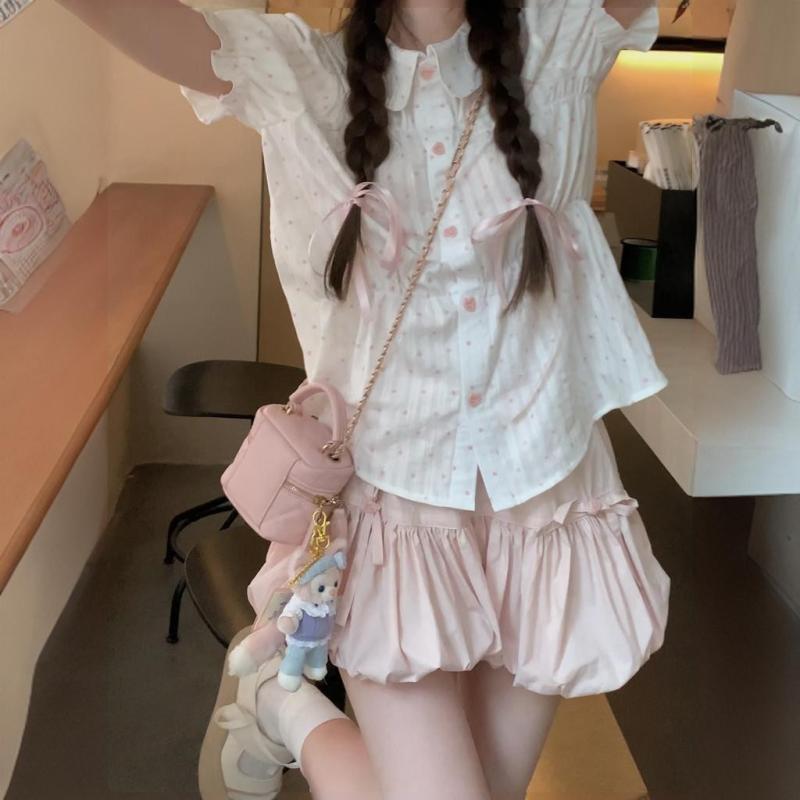 セットアップ レディース かわいい 半袖 シャツ ブラウス ピンク 水玉 ドット パフスリーブ バルーン袖 キュロット スカート 2点 上下セット 春夏