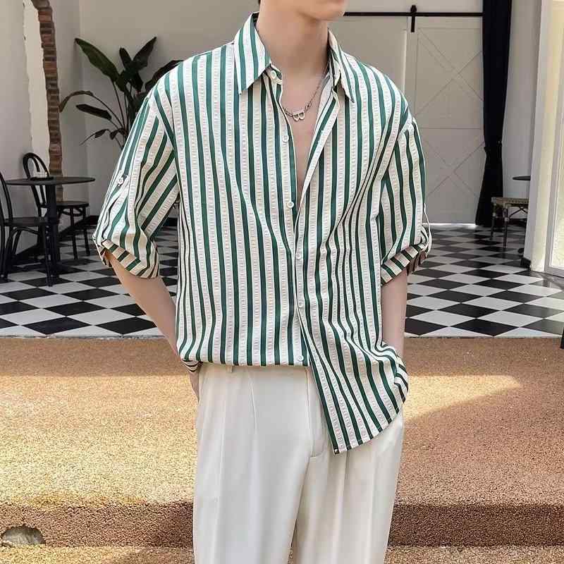 Long-Sleeve - シャツ メンズ 男性用 長袖 ストライプ柄 港風 高見え 韓国風 日本風 カジュアル