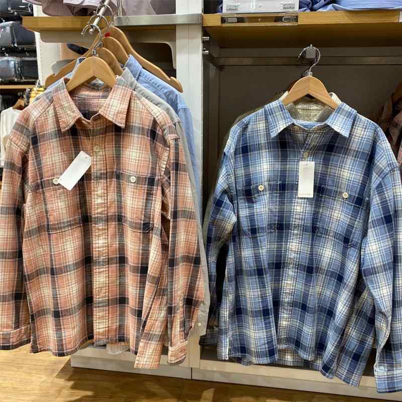 Short Sleeves （Shape Holding） - シャツ メンズ 男性用 トップス 竹節綿 格子柄 長袖 薄手 アウター ルーズフィット カジュアル 秋冬