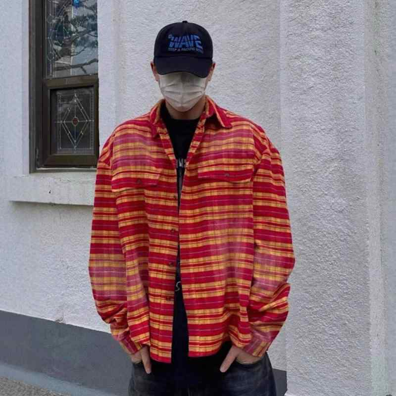 シャツ 男女兼用 オーバーサイズ ウォッシュ加工 フランネル チェック柄 レッド イエロー ストライプ カジュアル トップス リラックス 韓国風