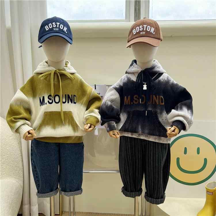 2子供服 秋冬 ニット 絞り染め トレーナー 韓国 男の子 グラデーション アルファベット フード付き トップス