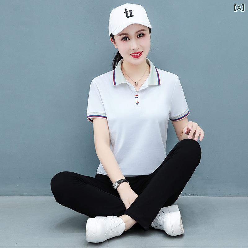 Pants - セットアップ レディース ポロシャツ 半袖 長ズボン 綿 混紡 リラックス ウェア 部屋着 ルームウェア スポーツ 運動着 上下セット 春夏
