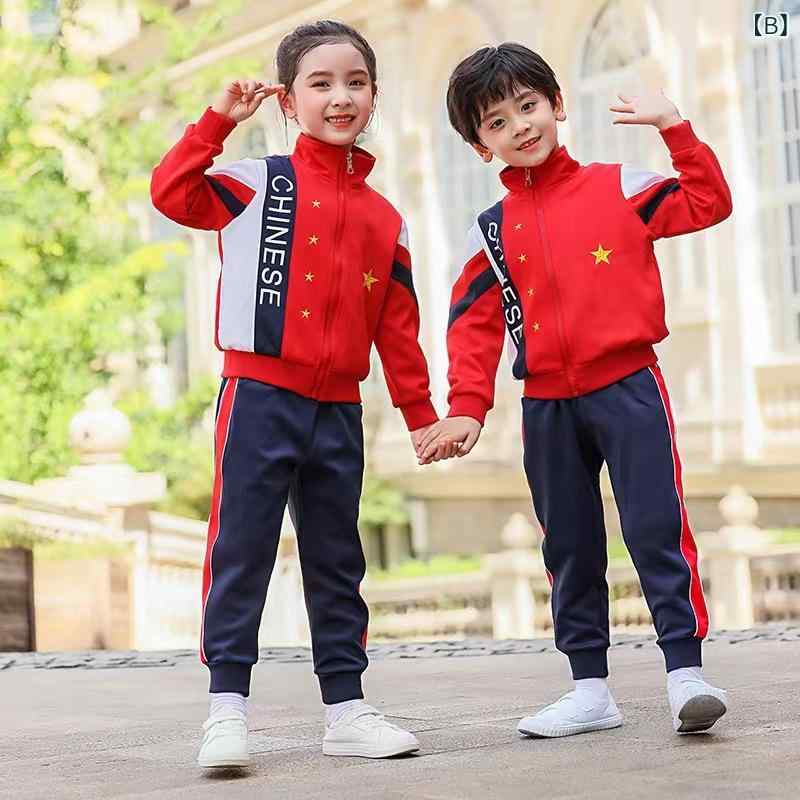 幼稚園 園服 春秋 セットアップ 子供 秋 小学生 制服 上下セット 赤 国風 ジャージ 運動着 3