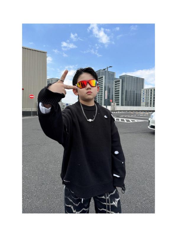 ニット キッズ 男の子 長袖 子供服 トップス ダメージ加工 普段着 部屋着 レトロ 秋冬