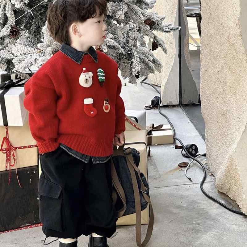 ニット キッズ 男の子 クリスマス 新年 セーター 子供 冬 喜ばれる 赤色 普段使い