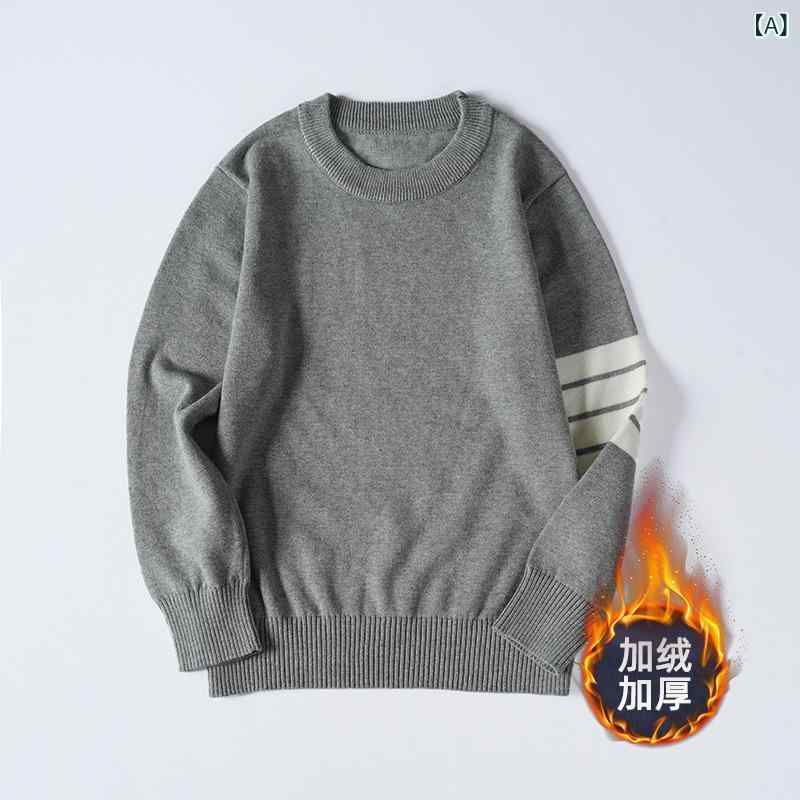 Sweater - ニット キッズ 子供 中大童 ニットウェア プルオーバー クルーネック ライン入り 裏起毛 暖かい セーター 男女兼用 秋冬2